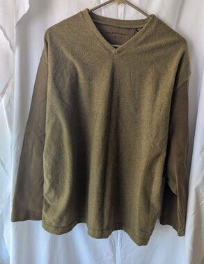 isda & co Men's Olive V-Neck Sweater - Casual Long Sleeve L Fleece